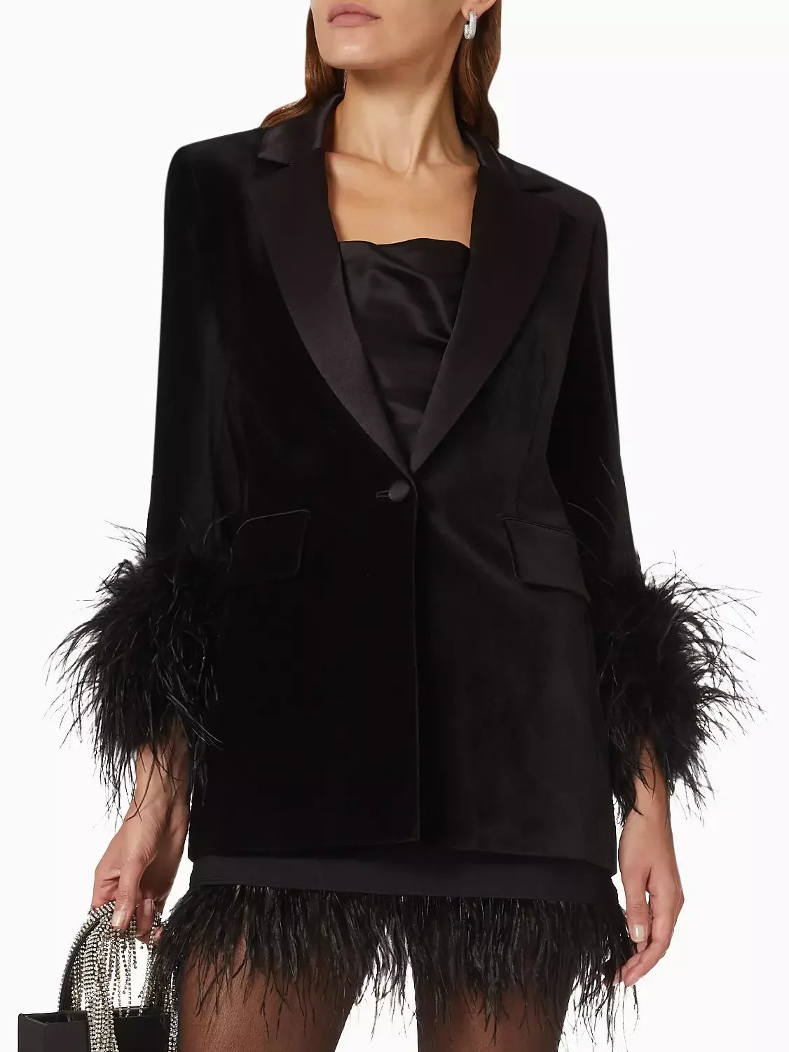 Black Velvet Single-Breasted Feather-Cuff Blazer - Jackets