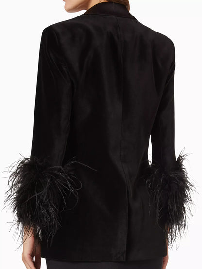 Black Velvet Single-Breasted Feather-Cuff Blazer - Jackets