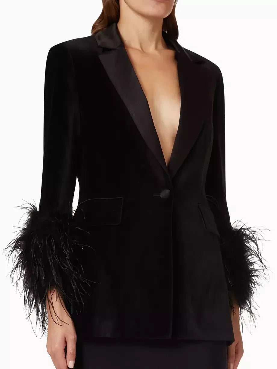Black Velvet Single-Breasted Feather-Cuff Blazer - Jackets