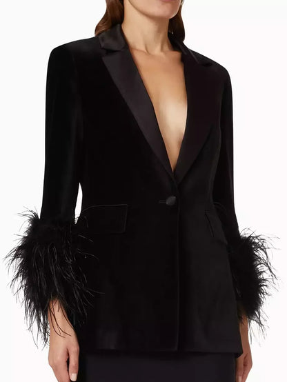 Black Velvet Single-Breasted Feather-Cuff Blazer - Jackets