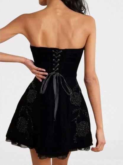 Black Velvet Strapless Embellished Lace-Up Dress - Dresses