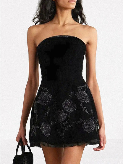 Black Velvet Strapless Embellished Lace-Up Dress - Dresses