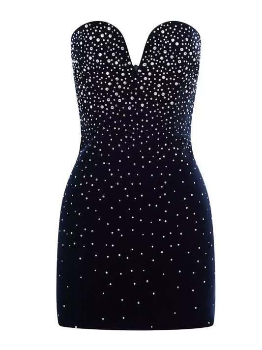 Black Velvet Strapless Embellished Mini Dress - Dresses
