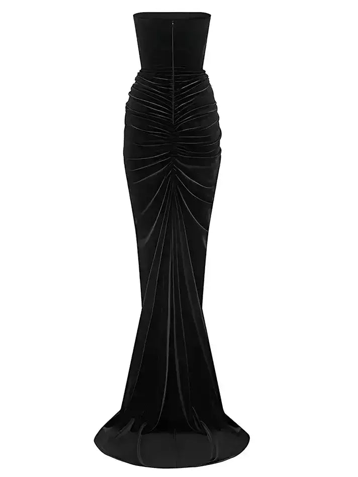 Black Velvet Strapless Gathered Gown - Dresses