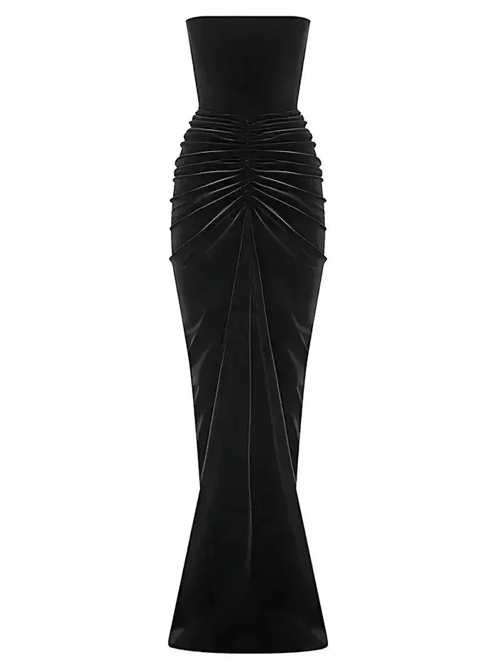 Black Velvet Strapless Gathered Gown - Dresses