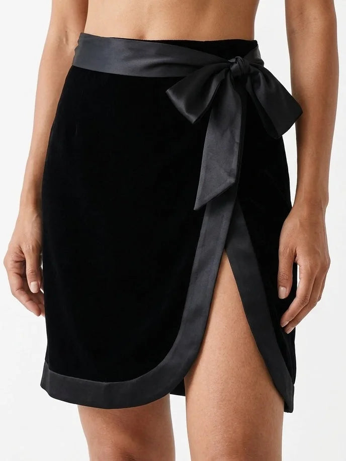 Black Velvet Wrap Mini Skirt with Satin Trim - Skirts