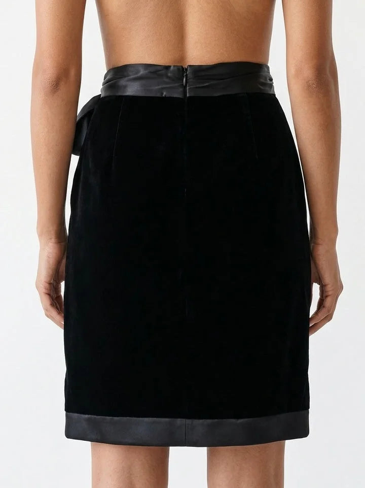 Black Velvet Wrap Mini Skirt with Satin Trim - Skirts