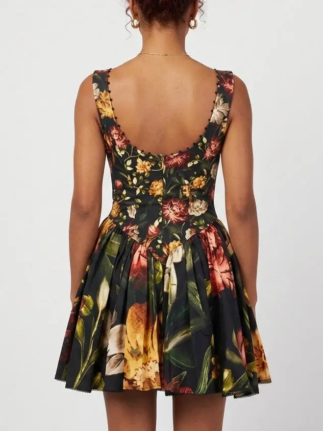 Black Vintage Floral Scoop Neck Mini Dress - Dresses