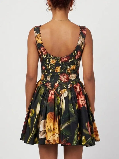 Black Vintage Floral Scoop Neck Mini Dress - Dresses