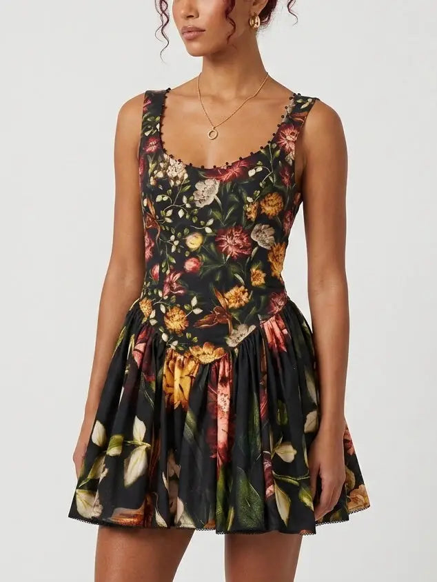 Black Vintage Floral Scoop Neck Mini Dress - Dresses