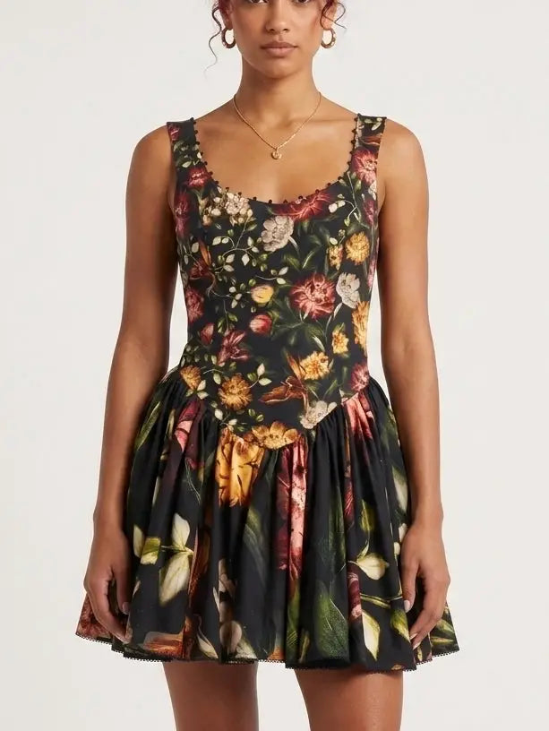 Black Vintage Floral Scoop Neck Mini Dress - Dresses