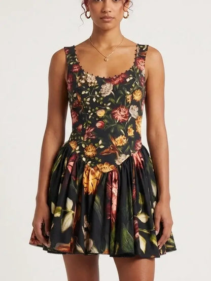 Black Vintage Floral Scoop Neck Mini Dress - Dresses