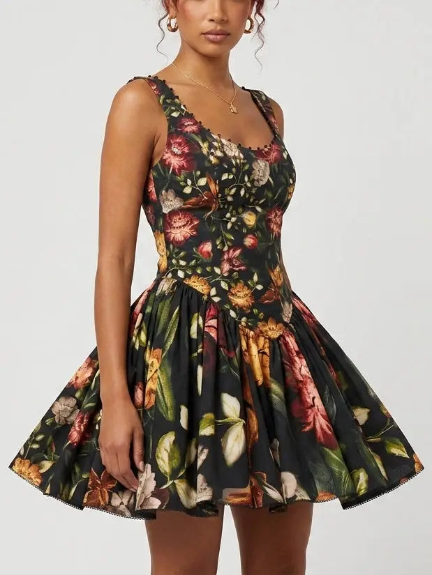 Black Vintage Floral Scoop Neck Mini Dress - Dresses