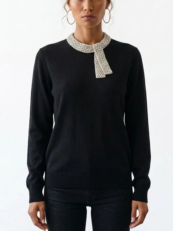 Black Virgin Wool Sweater with Crystal Embellished Collar - Sweaters & Knitwear