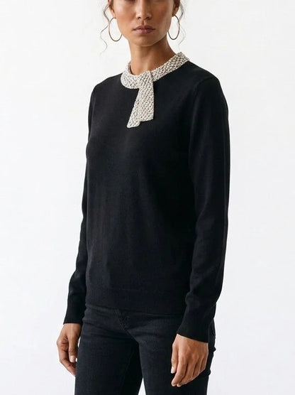 Black Virgin Wool Sweater with Crystal Embellished Collar - Sweaters & Knitwear