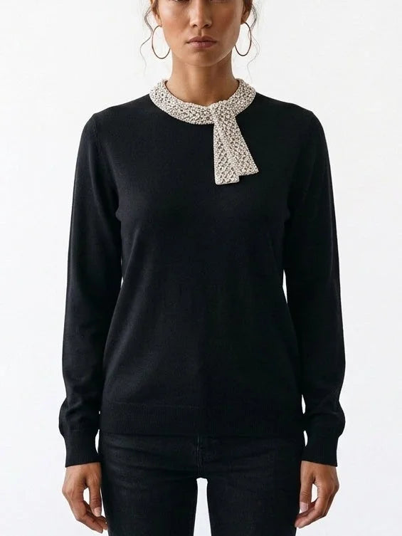 Black Virgin Wool Sweater with Crystal Embellished Collar - Sweaters & Knitwear