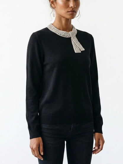 Black Virgin Wool Sweater with Crystal Embellished Collar - Sweaters & Knitwear