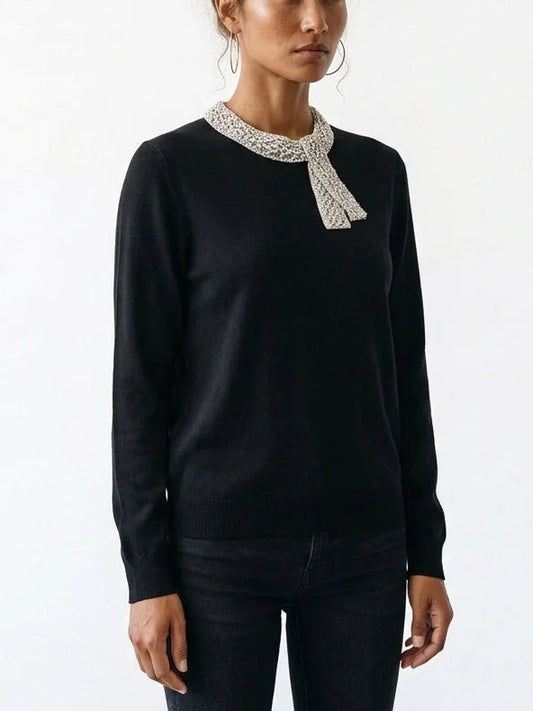 Black Virgin Wool Sweater with Crystal Embellished Collar - Sweaters & Knitwear