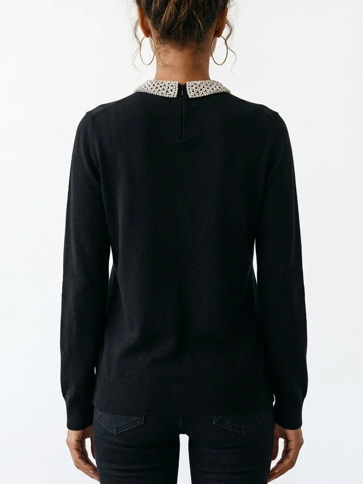 Black Virgin Wool Sweater with Crystal Embellished Collar - Sweaters & Knitwear