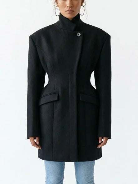 Black Wool-Blend Structured Coat with Cinched Waist - Coats