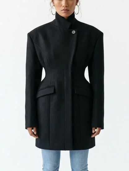 Black Wool-Blend Structured Coat with Cinched Waist - Coats