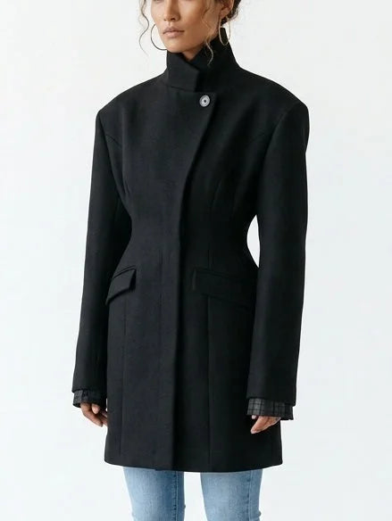 Black Wool-Blend Structured Coat with Cinched Waist - Coats