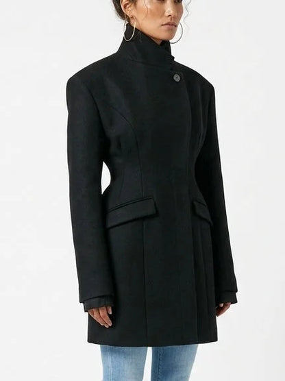 Black Wool-Blend Structured Coat with Cinched Waist - Coats