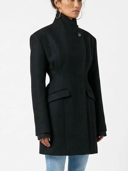 Black Wool-Blend Structured Coat with Cinched Waist - Coats