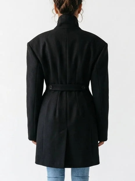Black Wool-Blend Structured Coat with Cinched Waist - Coats