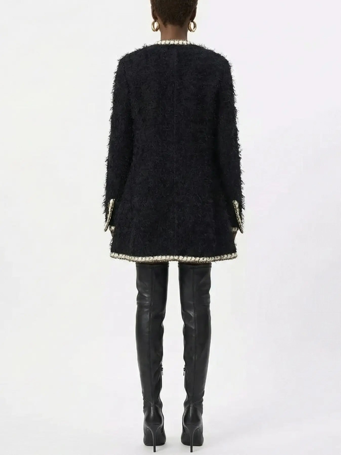 Black Wool-Blend Tweed Coat with Contrasting Trim - Coats