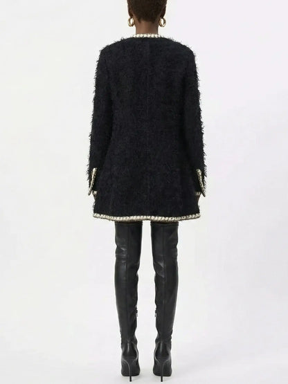Black Wool-Blend Tweed Coat with Contrasting Trim - Coats
