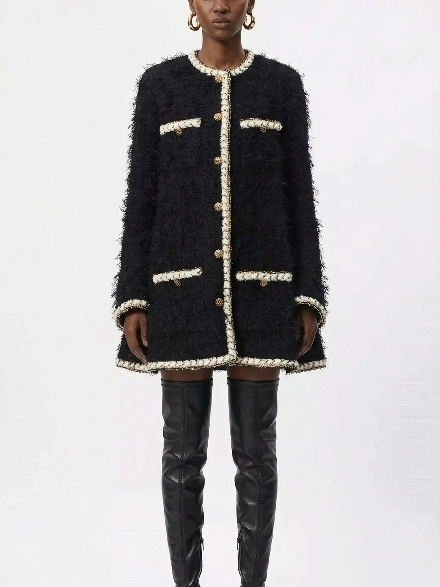 Black Wool-Blend Tweed Coat with Contrasting Trim - Coats
