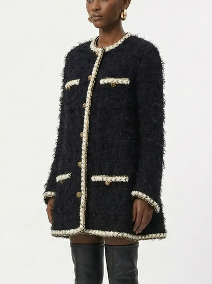 Black Wool-Blend Tweed Coat with Contrasting Trim - Coats