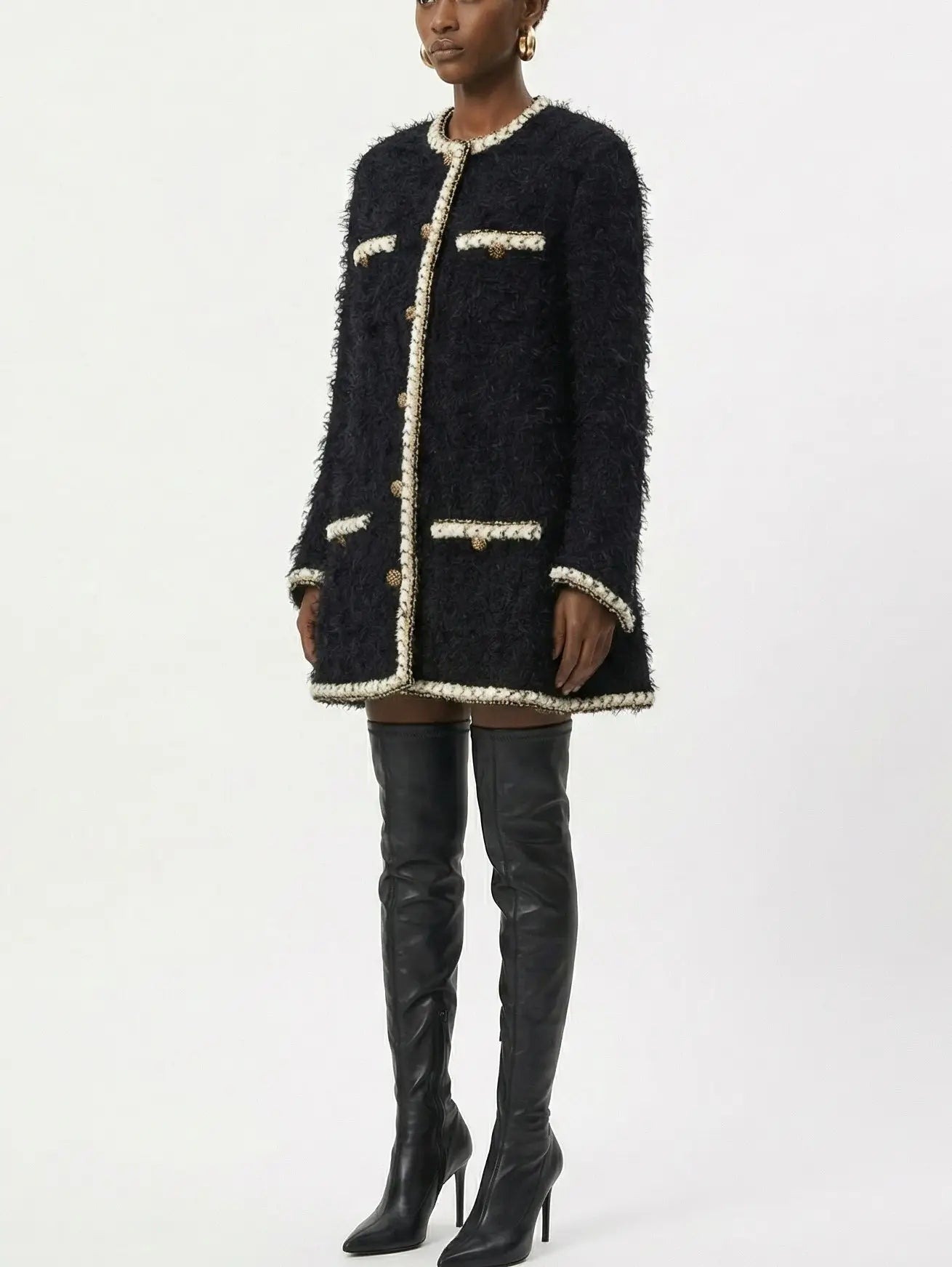 Black Wool-Blend Tweed Coat with Contrasting Trim - Coats