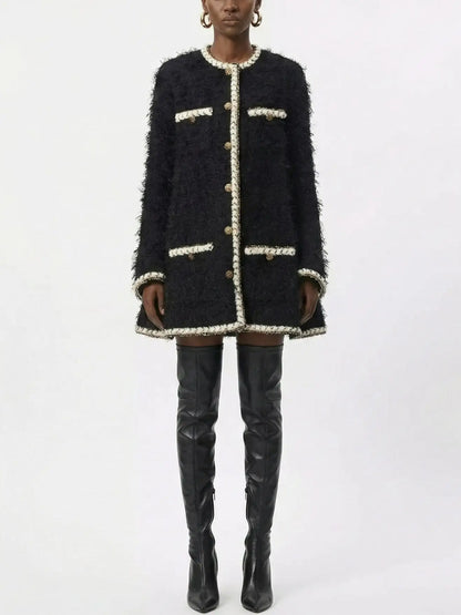 Black Wool-Blend Tweed Coat with Contrasting Trim - Coats