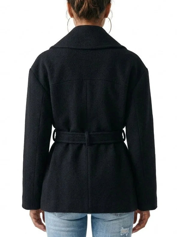 Black Wool Belted Jacket with Gold Buckle - Jackets