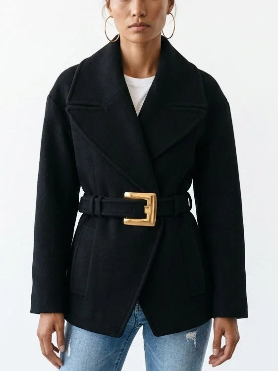 Black Wool Belted Jacket with Gold Buckle - Jackets