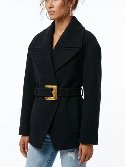 Black Wool Belted Jacket with Gold Buckle - Jackets