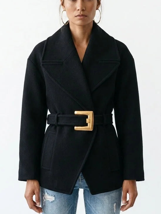 Black Wool Belted Jacket with Gold Buckle - Jackets