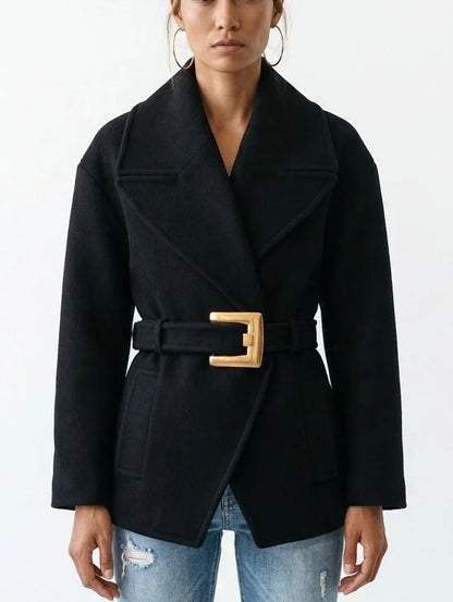 Black Wool Belted Jacket with Gold Buckle - Jackets