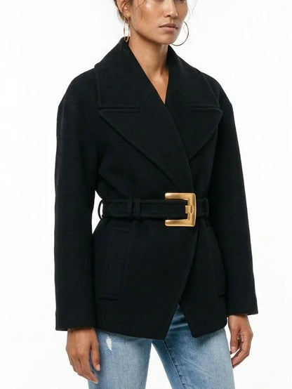 Black Wool Belted Jacket with Gold Buckle - Jackets
