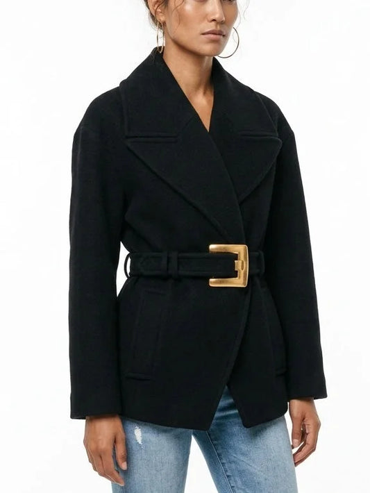 Black Wool Belted Jacket with Gold Buckle - Jackets