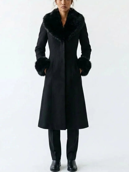 Black Wool Blend Coat with Faux Fur Collar and Cuffs - Coats