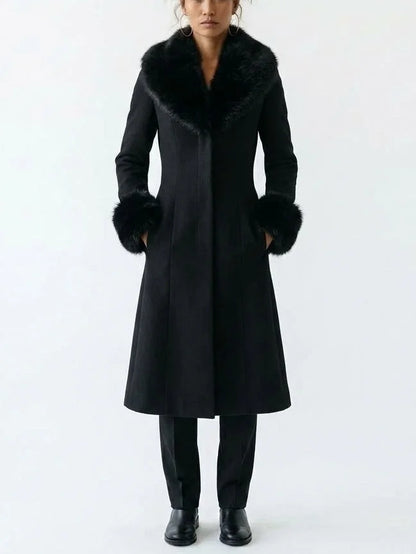 Black Wool Blend Coat with Faux Fur Collar and Cuffs - Coats