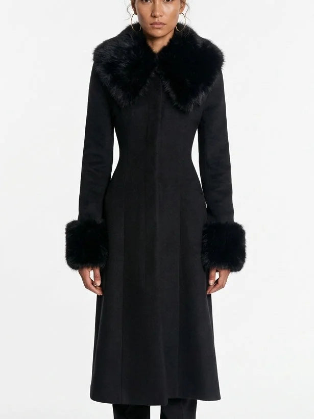 Black Wool Blend Coat with Faux Fur Collar and Cuffs - Coats