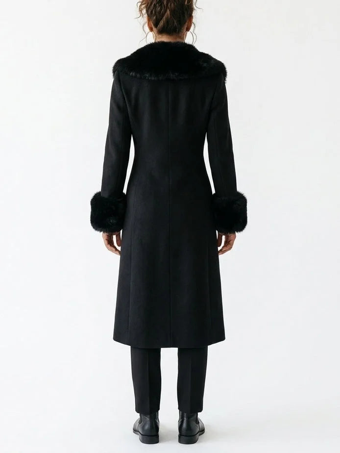 Black Wool Blend Coat with Faux Fur Collar and Cuffs - Coats