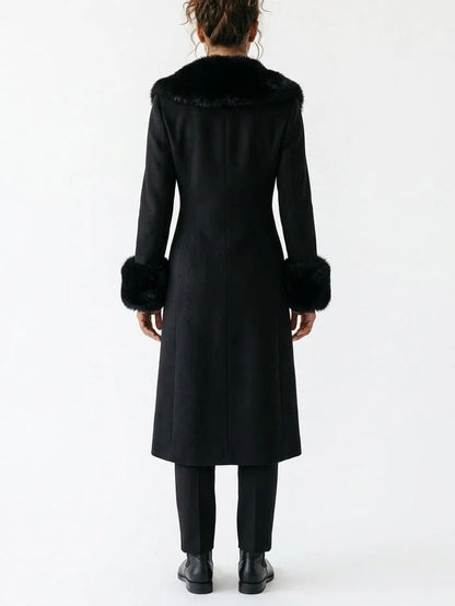 Black Wool Blend Coat with Faux Fur Collar and Cuffs - Coats