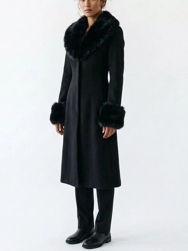 Black Wool Blend Coat with Faux Fur Collar and Cuffs - Coats