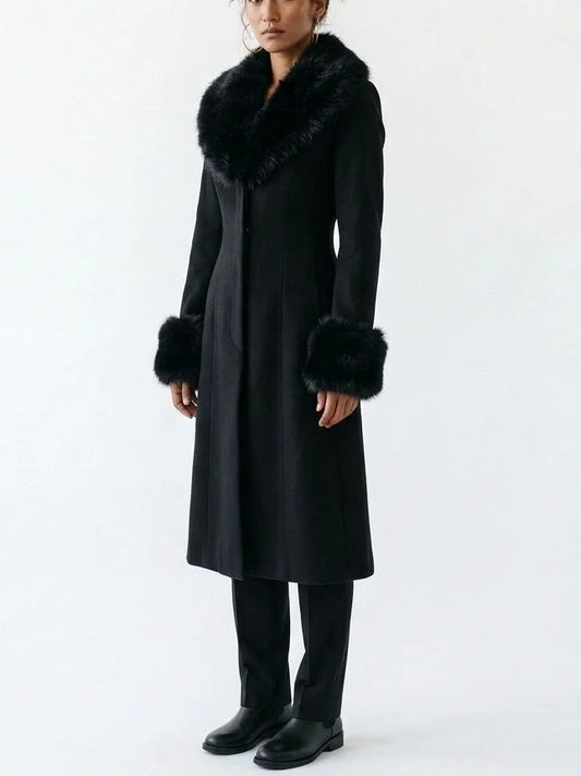 Black Wool Blend Coat with Faux Fur Collar and Cuffs - Coats