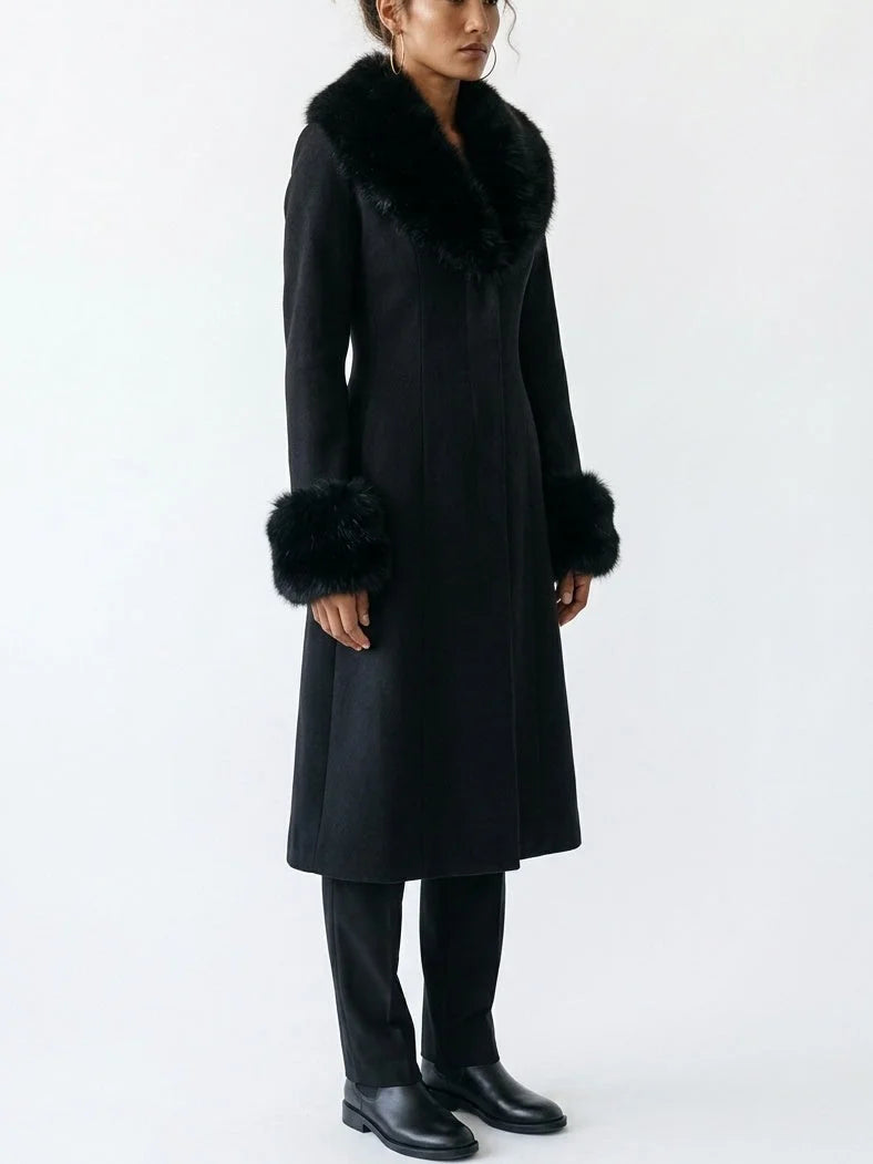 Black Wool Blend Coat with Faux Fur Collar and Cuffs - Coats